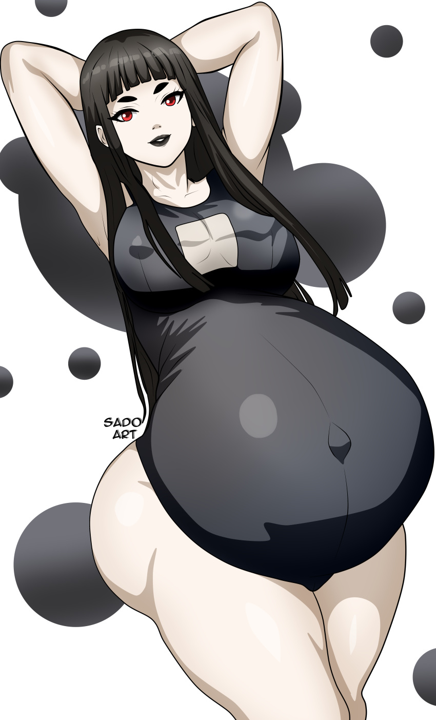 1girls ass atlus belly big_belly black_hair black_lips black_lipstick blunt_bangs competition_swimsuit female hips hips_wider_than_shoulders hyper_belly megami_tensei nipple_bulge nipples nipples_visible_through_clothing one-piece_swimsuit pale_skin pregnant ready_to_pop red_eyes sado_art shin_megami_tensei shin_megami_tensei_iv shin_megami_tensei_iv_final solo swimsuit toki_(shin_megami_tensei_iv_final)