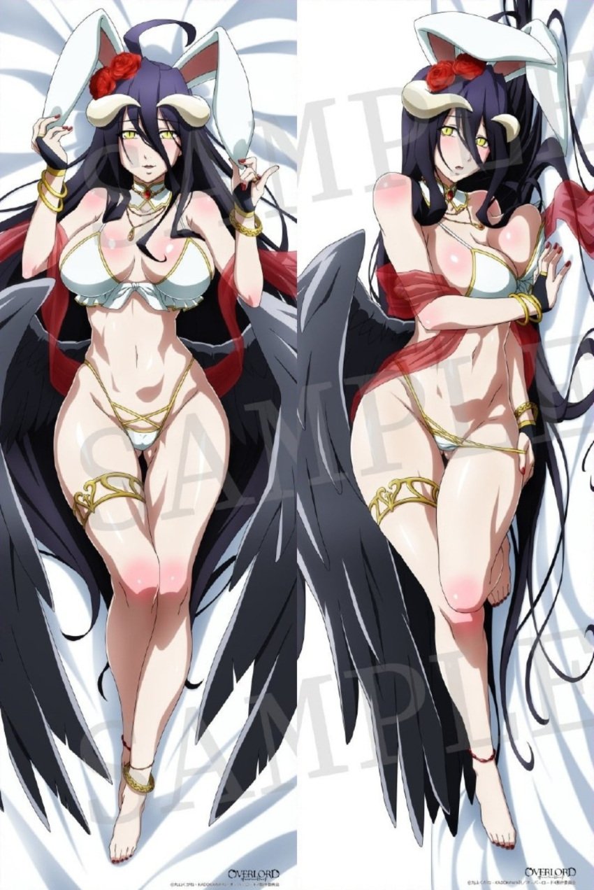 albedo_(overlord) bare_belly bare_legs bare_shoulders bare_thighs belly_button big_breasts black_hair blush bra breasts bunny_ears dakimakura dakimakura_design feet long_hair nail_polish official_art open_mouth overlord_(maruyama) panties sample_watermark succubus succubus_horns succubus_wings thick_thighs thighs toes underwear white_underwear yellow_eyes