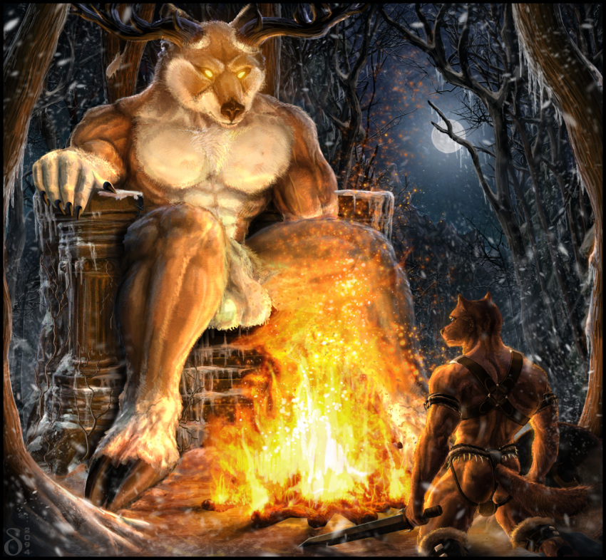 2012 abs anthro antlers ass back balls barefoot biceps big_balls big_muscles bodybuilder bondage_gear bulge campfire canine cervine chest_tuft claws clothing deer delta2094 duo eye_contact fire footwear forest fur glowing glowing_eyes hooves horn hybrid ice jager kneeling leash male male_only mammal manly moon muscles nude outside pecs presenting ripped shadow shiny sitting size_difference snow spread_legs spreading submissive sword thong throne toned tree tuft underwear vein weapon winter wolf