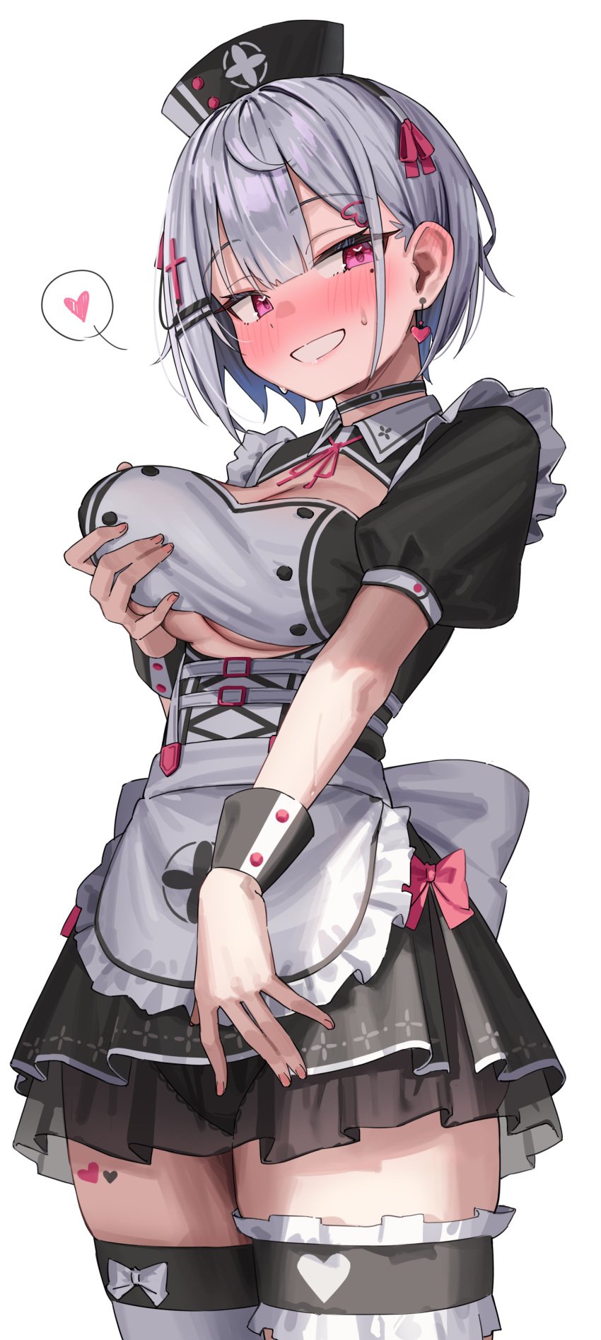 1girls 2d big_breasts black_choker black_panties black_skirt blush breasts choker earrings female female_only grabbing_own_breast grey_hair hair_between_eyes hair_ornament hair_ribbon heart heart-shaped_earrings kuruno_(vtuber) maid_outfit matchaistasty nail_polish panties panties_visible_through_clothing pink_eyes pink_nails ribbon short_hair skirt smiling solo spoken_heart thigh_strap thighs transparent_clothing virtual_youtuber vtuber wristband