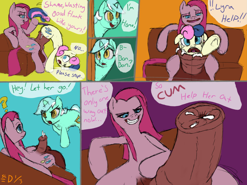 2014 ? absurd_res animal_genitalia animal_urethral_insertion balls blue_eyes bonbon_(mlp) cock_vore comic cum cutie_mark death dialogue digestion earth_pony english_text equine eye_contact female feral friendship_is_magic fur furry futa_on_female futanari green_fur grin group hair half-closed_eyes hi_res horn horse horsecock inside_balls intersex intersex_on_female long_hair lyra_heartstrings_(mlp) mammal my_little_pony open_mouth penetration penis pink_fur pink_hair pinkamena_(mlp) pinkie_pie_(mlp) pony shdingo sitting tail_grab tears text two_tone_hair unicorn urethral urethral_insertion urethral_penetration vore what