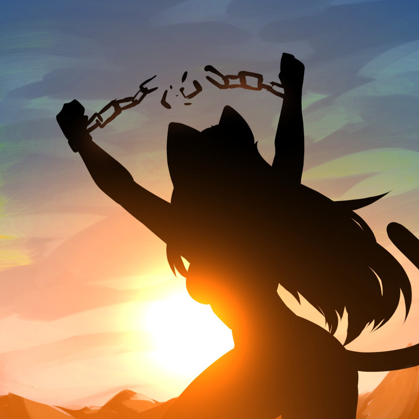 1girls animal_ears ass freedom handcuffs long_hair original silhouette sun sunset tekona tekona_(ohjeezitstekona)