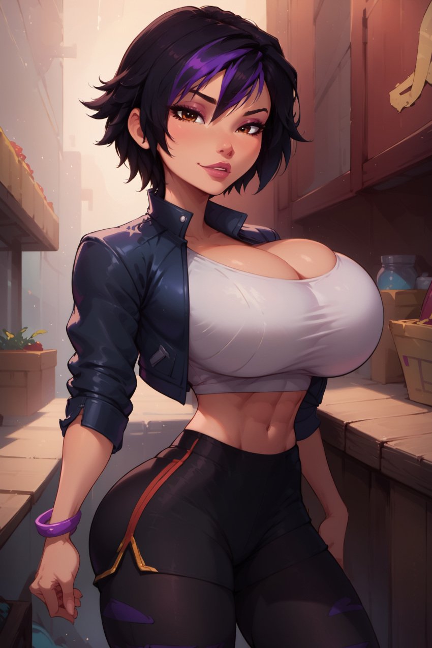 1girls ai_generated big_boobs big_breasts big_hero_6 big_hero_6:_the_series black_hair brown_eyes bythebrokenone crop_top cropped_jacket disney egirl female_focus female_only gogo_tomago hourglass_figure leather_jacket makeup marvel purple_bracelet purple_hair_streaks solo solo_female tagme