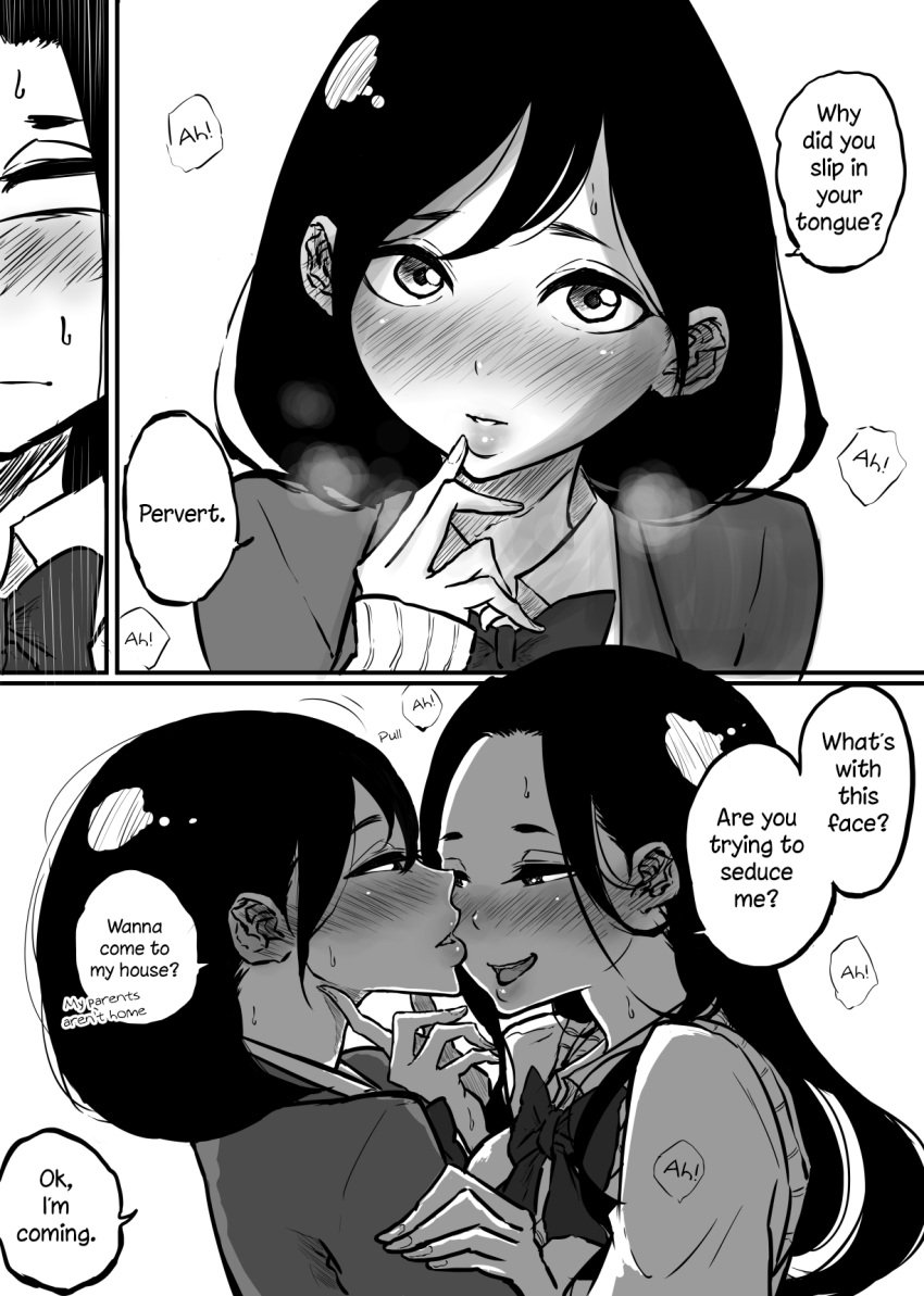 2girls english_text kissing multiple_girls pandacorya punishment_game school_uniform tagme yuri