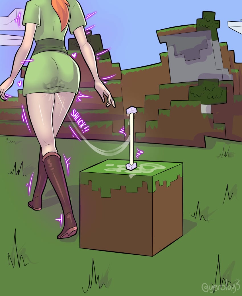 alex_(minecraft) bottomless clothed clothing cum cum_trail detailed_background digital_drawing_(artwork) digital_media_(artwork) dildo female female_only long_boots minecraft minecraft_background self_upload yerolay