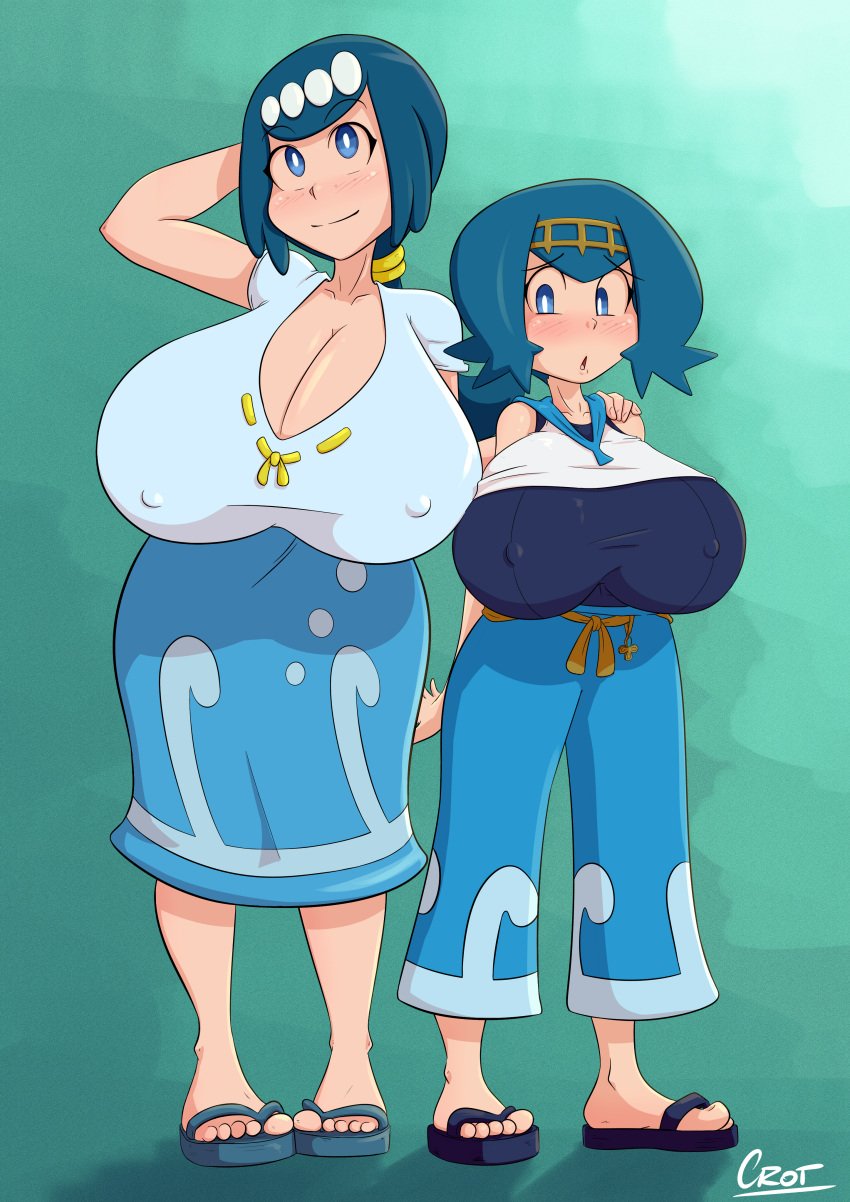 aged_up boob_window breasts_bigger_than_head clothed crot female female_only flip_flops gigantic_breasts huge_breasts lana's_mother_(pokemon) lana_(pokemon) milf mother_and_daughter nintendo nipples_visible_through_clothing no_bra pokemon revealing_clothes sandals teasing