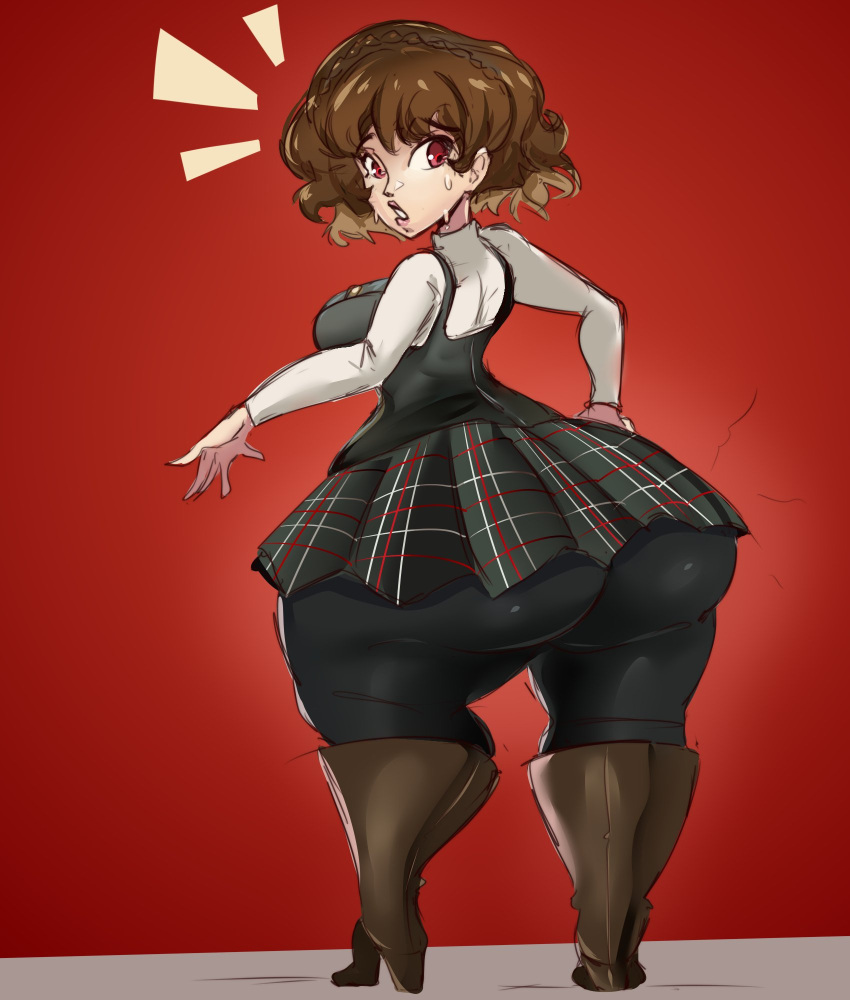 blonde_hair boots bottom_heavy brown_hair huge_ass hyper_ass ineffective_skirt large_ass looking_back makoto_niijima multicolored_hair persona persona_5 red_eyes shortstack slemka tagme