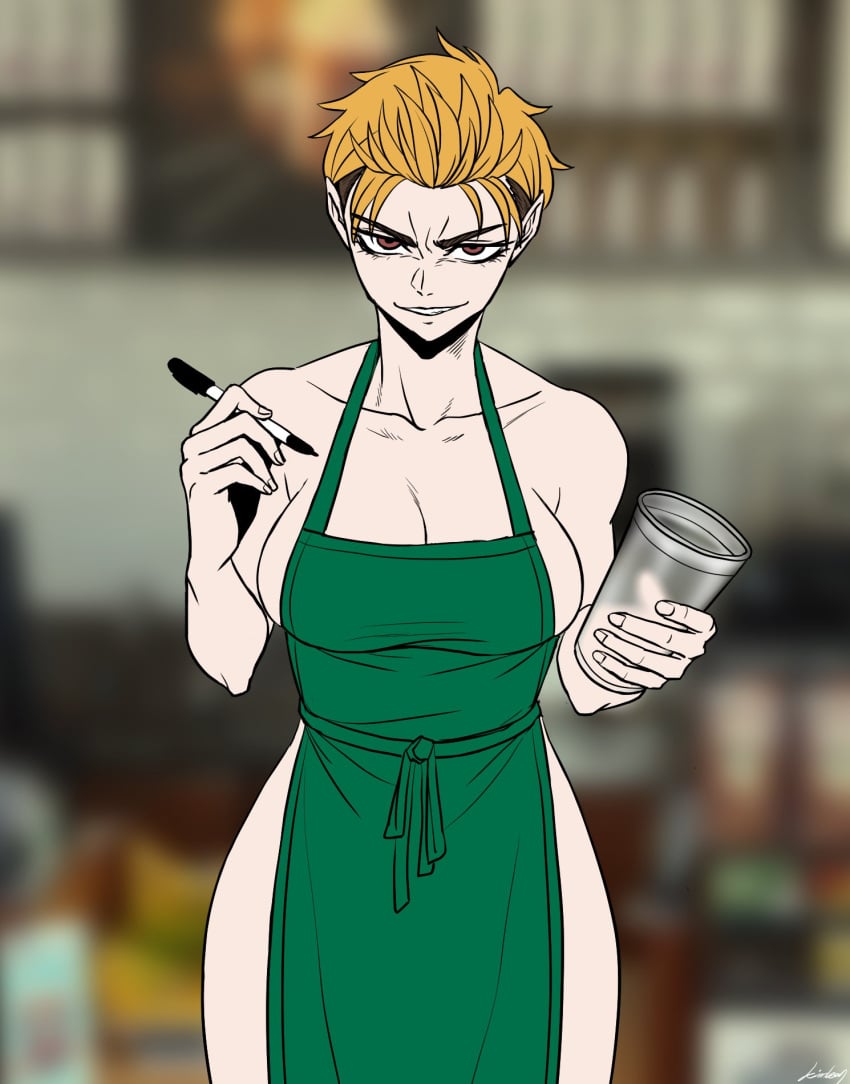 apron athletic_female barista big_breasts blonde_hair female iced_latte_with_breast_milk leon_kim naked_apron pen pointy_chin short_hair tomboy