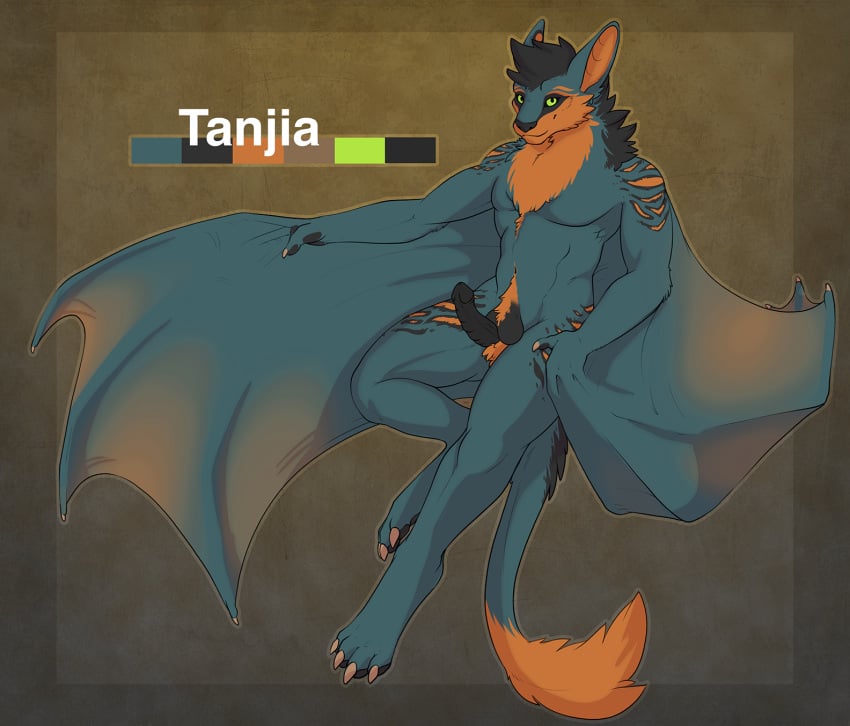 anatomically_correct bat claws digitigrade erection flying_fox male male_only mammal muscles nude penis pubes realistic_wings smile solo stripes tanjia_nightwing tojo_the_thief wings