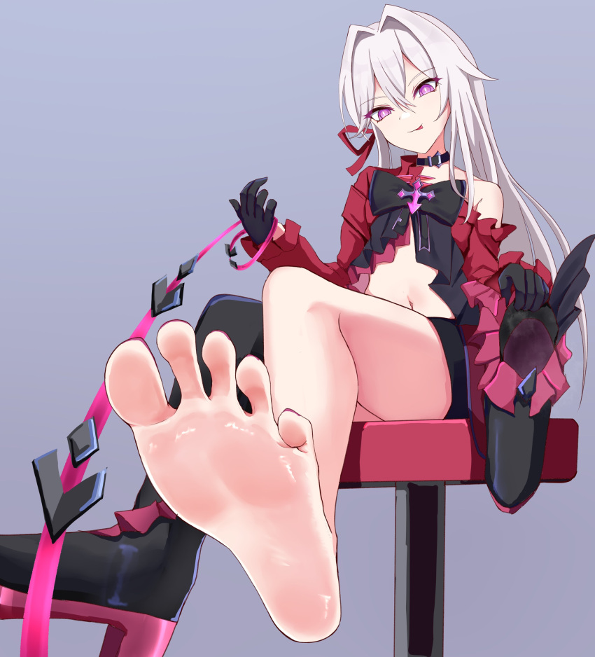 2d :p absurd_res boots character_request feet_focus female foot_fetish honkai_impact_3rd leashed_pov purple_eyes purple_toenails shoe_removed submissive_pov sweat sweaty_feet thelma_nutriscu white_hair