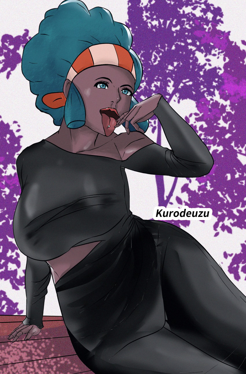 ass ass_grab big_butt blue_eyes breasts game_freak kurodeuzu lenora_(pokemon) nintendo pokemon pokemon_bw solo tongue_out tongue_piercing