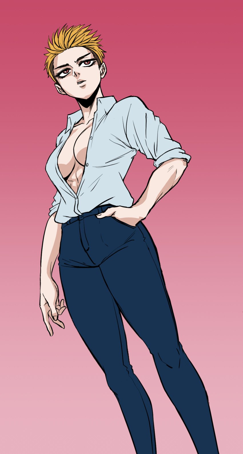 big_breasts blonde_hair cleavage hand_in_pocket leon_kim muscular_female no_bra pants pink_background red_eyes rolled_up_sleeves short_hair simple_background tomboy two_tone_hair unbuttoned_shirt