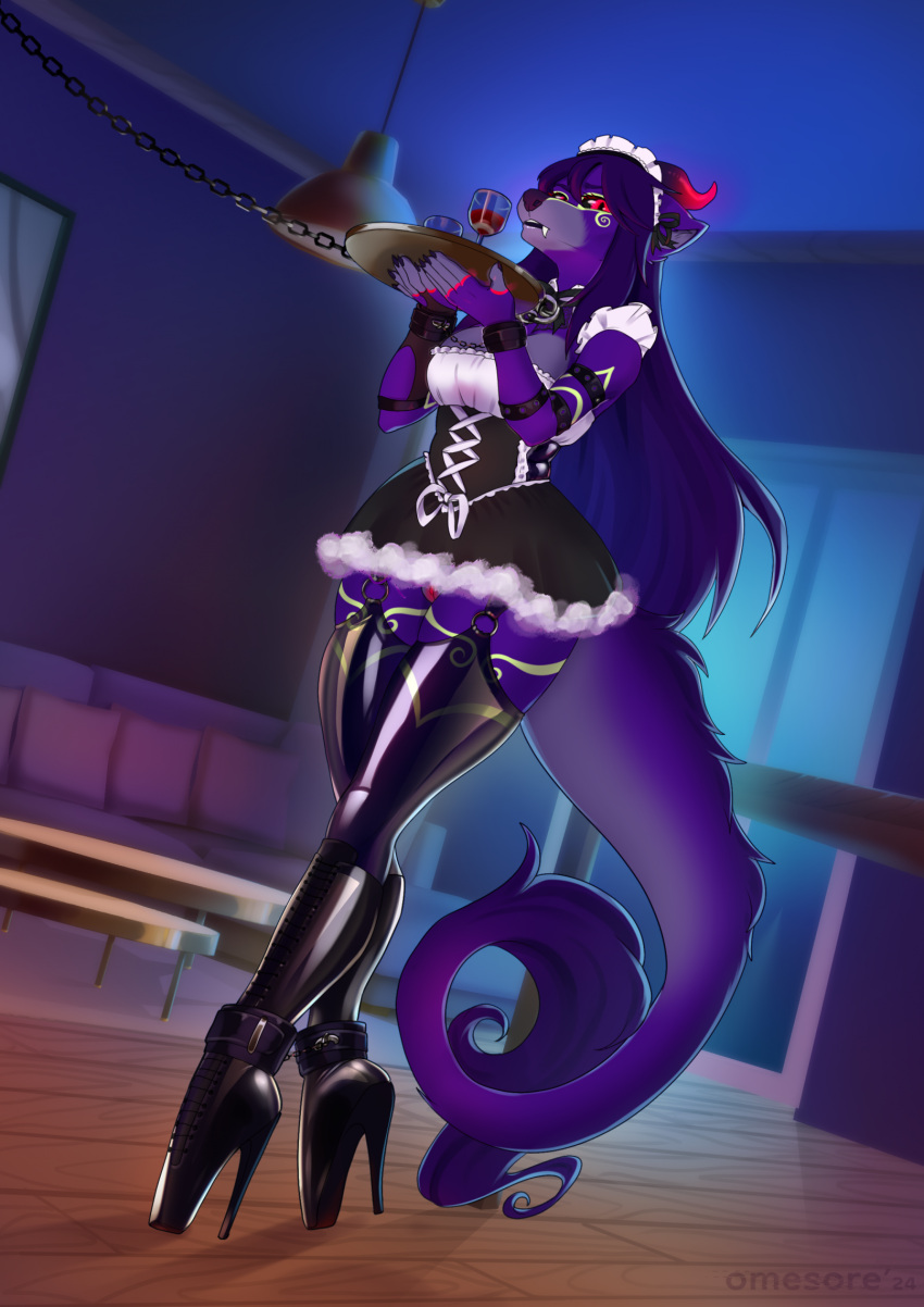 anthro ballet ballet_boots ballet_heels boots canid canine clothed clothing dancewear dress female footwear garter_straps hair hi_res high_heels horn iris_grim latex legwear long_hair maid_uniform mammal omesore solo thighhighs uniform upskirt