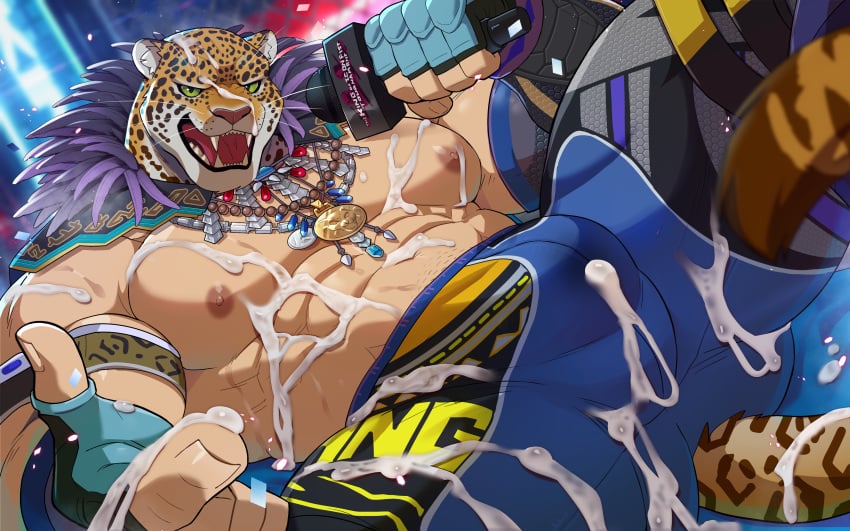 animal_mask bandai_namco bara big_bulge bulge clothing cum felid genital_fluids jaguar king_(tekken) male male_nipples male_only manly mask masked mature_male muscular_male nipples pantherine sollyz sweat sweating tekken tight_clothing wrestler