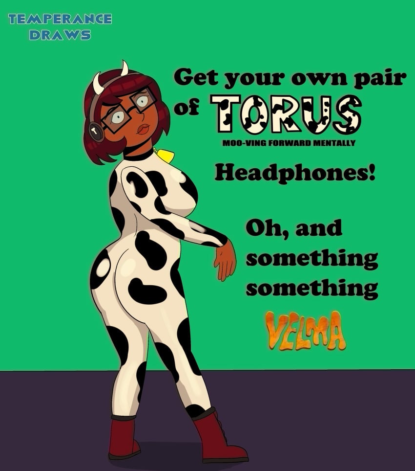 ass boots breasts clothed clothing cow_girl cow_print dialated_pupils glasses hypnosis indian indian_female latex latex_drone latex_suit mind_control short_hair shrunken_irises solo solo_female solo_focus temperancedraws text velma_(series) velma_dinkley_(velma)