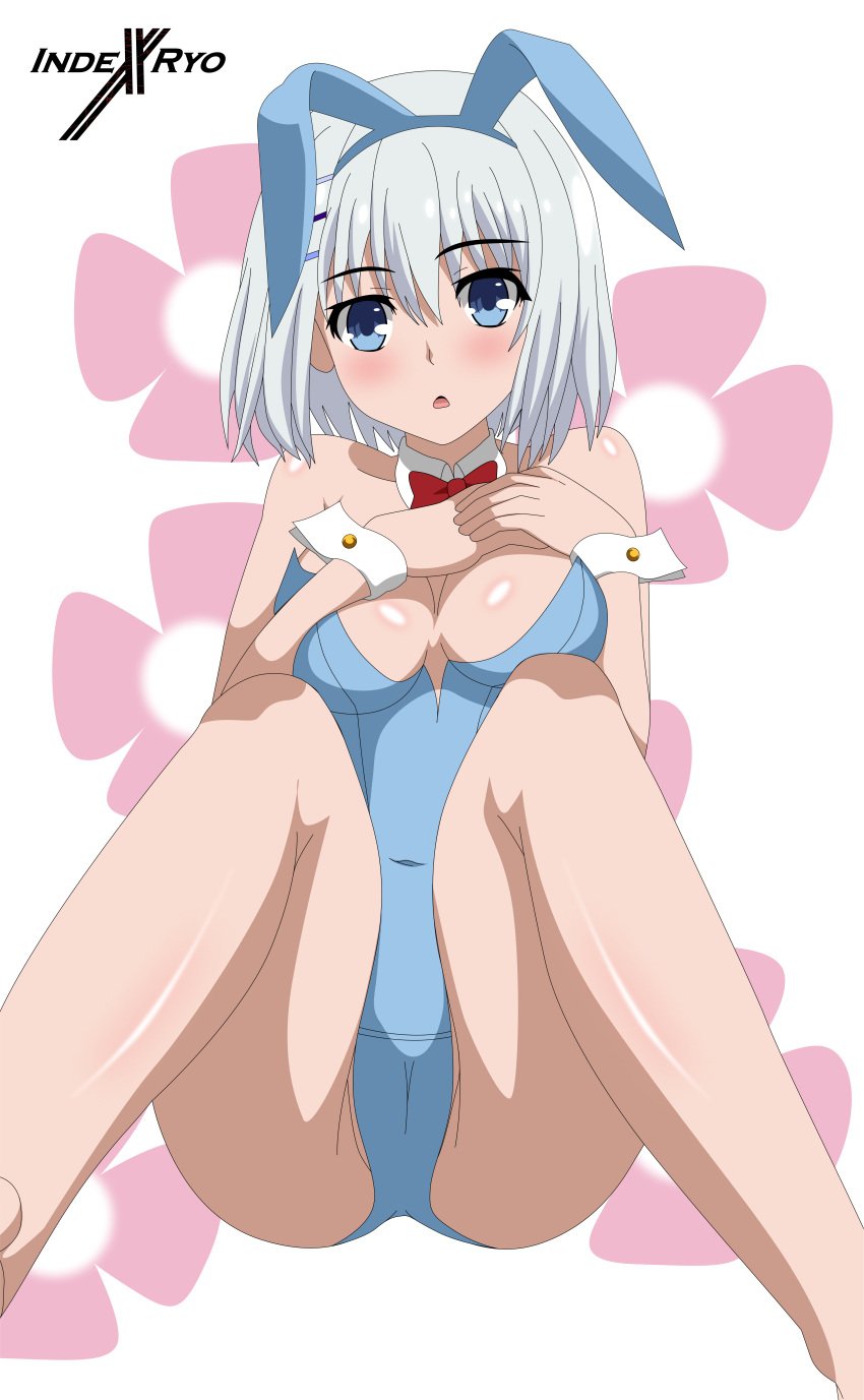 2d blue_eyes blush breasts bunnysuit date_a_live indexryo light-skinned_female short_hair solo solo_female thighs tobiichi_origami white_hair