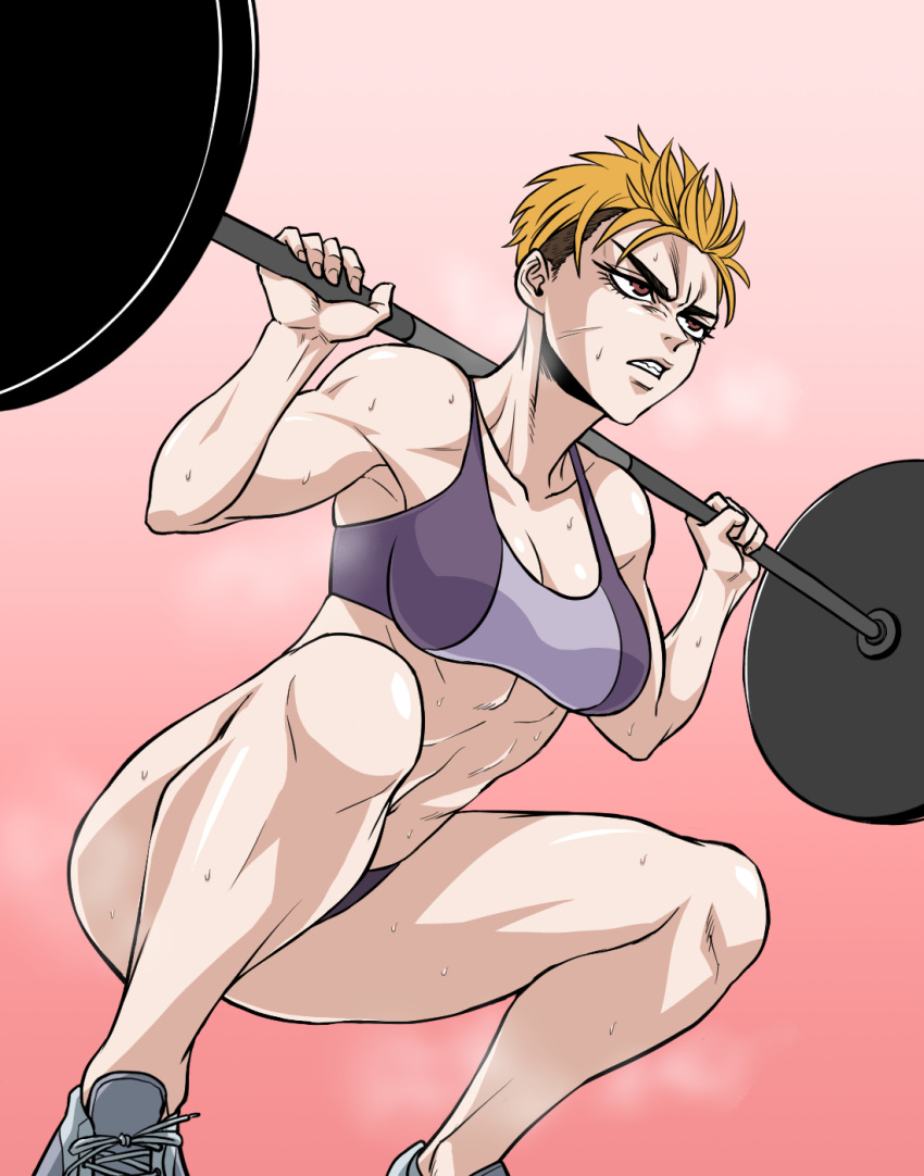 barbell big_breasts blonde_hair leon_kim muscles muscular_female perspiration red_eyes short_hair simple_background sports_bikini sports_bra sportswear teeth_clenched tomboy two_tone_hair workout