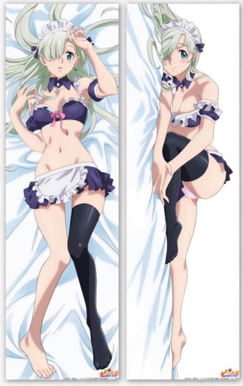 ass bare_belly bare_legs bare_shoulders bare_thighs belly_button blue_eyes blush breasts dakimakura dakimakura_design earrings elizabeth_liones eye_covered feet hand_on_head long_hair maid_headdress maid_outfit maid_skirt mokushiroku_no_yonkishi mouth_closed nanatsu_no_taizai official_art one_stocking panties pink_panties silver_hair skirt smile thigh_gap thighs toes