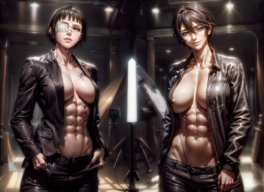 2girls abs ai_generated big_breasts black_hair brown_hair chequita dominatrix eye_patch female female_focus female_only femdom jormungand leather leather_jacket milf muscular muscular_female sofia_valmer