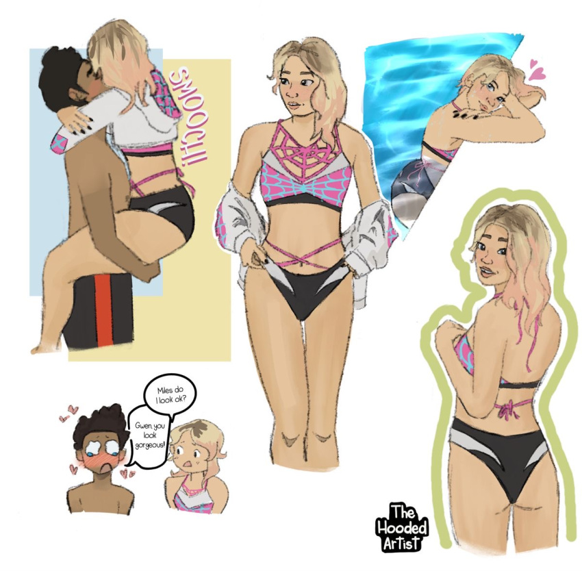 1boy 1girls asymmetrical_hair black_male dark-skinned_male english_text female gwen_stacy male marvel miles_morales panco_(artist) romantic shaved_side spider-gwen spider-man:_across_the_spider-verse spider-man:_into_the_spider-verse superhero superhero_costume superheroine swimsuit tagme thehoodedartist wholesome