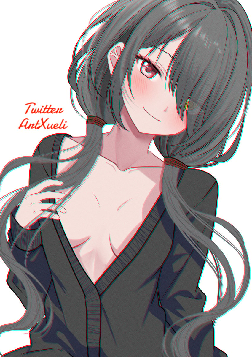 absurdres black_hair blush breasts cardigan clock clock_eyes date_a_live female flat_chest hair_over_eyes heterochromia highres looking_at_viewer low_twintails no_bra open_cardigan open_clothes red_eyes roman_numeral smile symbol-shaped_pupils tokisaki_kurumi twintails xueli_shimazaki yellow_eyes