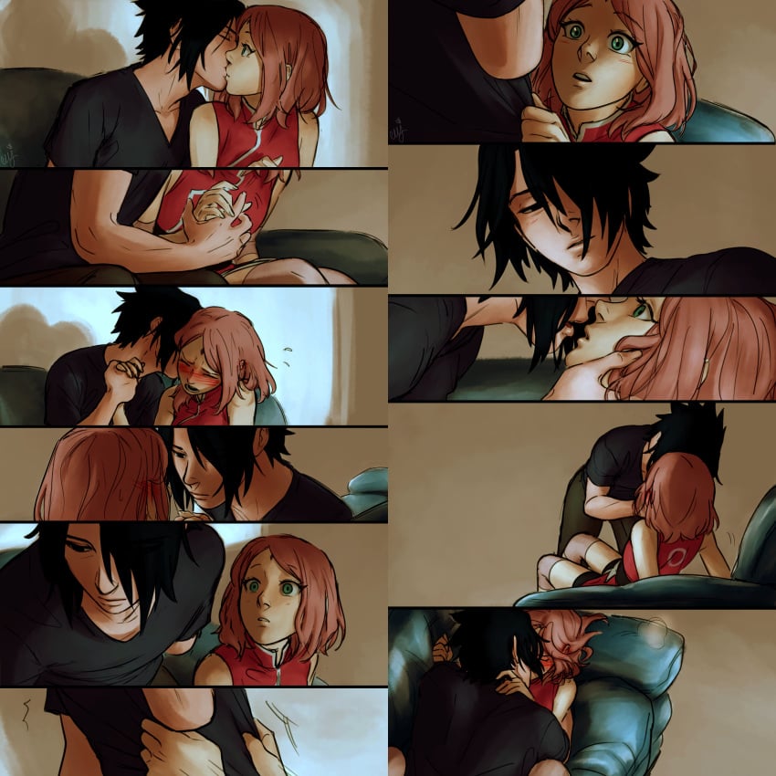 1boy 1girls black_hair blush canon_couple ceejss couch couch_sex couch_sitting couple_sex female indoors kissing_neck male male/female naruto naruto:_the_last pink_hair sakura_haruno sasuke_uchiha sofa