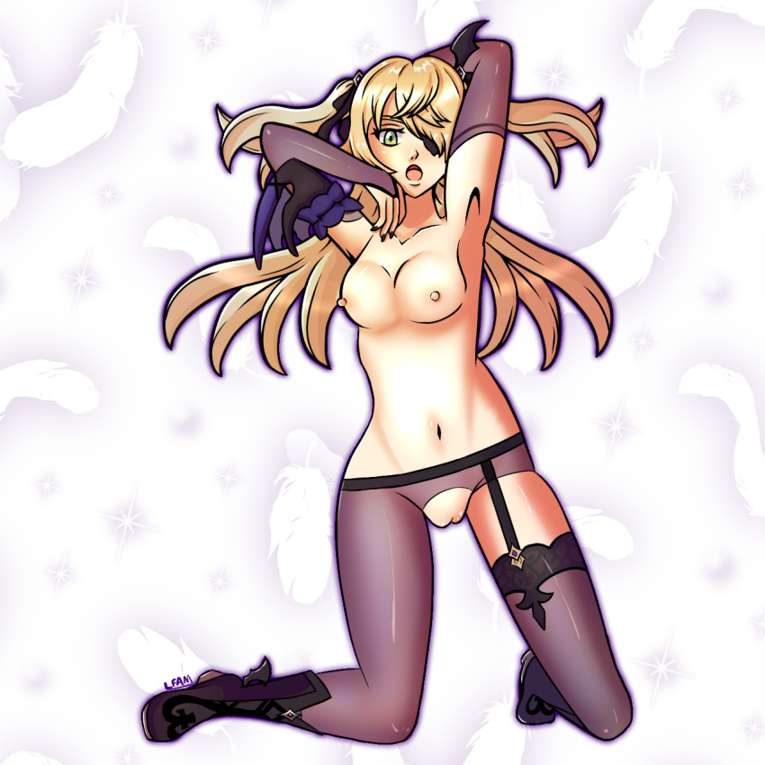 1girls armpits belly_button black_nails blonde_hair boots bow breasts eyepatch eyewear female female_only fingerless_arm_sleeves fischl_(genshin_impact) garter_belt garter_straps genitals genshin_impact green_eyes hair_ornament hair_over_one_eye heel_boots lfam long_hair medium_breasts nipples open_mouth posing pussy ripped_stockings self_upload sleeves stockings tagme thighs twintails vagina white_skin