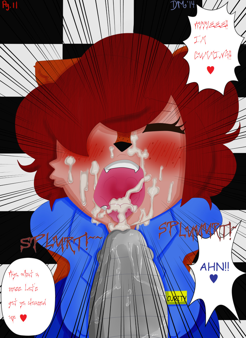 animatronic anthro blue_shirt blush brown_fur canine comic cum cumshot cute discordmelody english_text fellatio female five_nights_at_freddy's fox foxy_(fnaf) freckles fur hair heart jasmine_ivory machine male mammal mechanical oral orgasm penis red_hair robot rodent sex squirrel straight text tongue