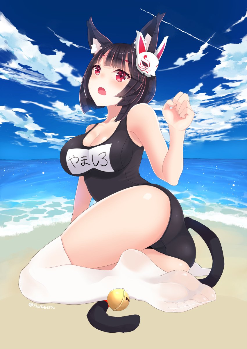 1girls absurd_res absurdres animal_ear_fluff animal_ears armpits ass azur_lane bare_arms bare_shoulders bare_skin bare_thighs beach bell black_hair black_hair_female black_one-piece_swimsuit black_swimsuit black_swimwear black_tail blue_sky blush blushing_female breasts cat_ears cat_tail catgirl cleavage clouds coast collarbone dot_nose elbows feet female female_focus female_only fingers full_body groin hair_ornament head_tilt high_resolution highres knees legs light-skinned_female light_skin looking_at_viewer medium_breasts medium_hair ocean one-piece_swimsuit open_mouth outdoors pussy red_eyebrows red_eyes red_eyes_female sakura_empire_(azur_lane) sand sea seaside shiny_skin short_hair shoulders sideboob sky slender_body slender_waist slim_girl slim_waist soles solo swimsuit swimwear tail thick_ass thick_thighs thighhighs thighs thin_waist tilted_head toes underboob water white_thighhighs wide_hips yamaha_tsui yamashiro_(azur_lane) yamashiro_(summer_offensive?)_(azur_lane)