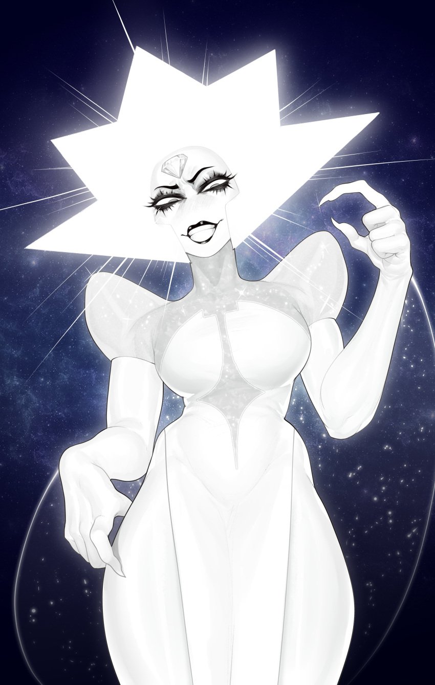 1girl 1girls dress eye_makeup female female_only hand_gesture lipstick long_nails looking_at_viewer low_angle mr_fuga range shiny_clothes slit_dress smirking solo steven_universe white_body white_diamond_(steven_universe)