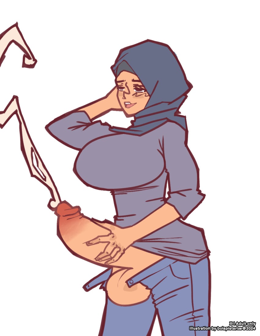 1futa 2024 balls big_balls big_breasts big_penis bolapistarize breasts clothed clothed_masturbation clothing cum cumshot erection futa_only futanari half-closed_eyes hijab hijab_futa huge_cock human light-skinned_futanari light_skin masturbation mostly_clothed muslim_futa pants_open penis retracted_foreskin simple_background solo standing watermark