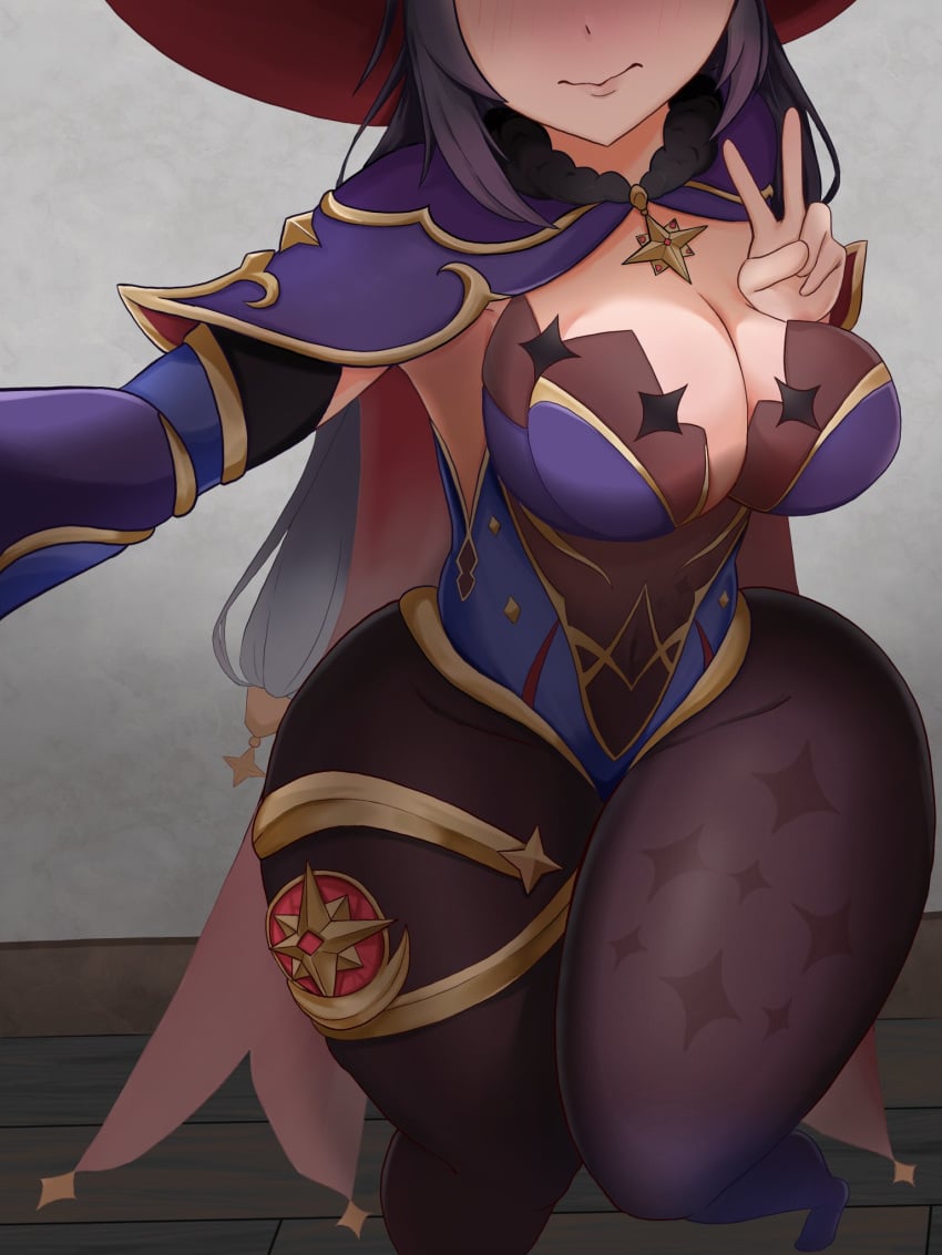 1girls big_breasts big_thighs blush breasts busty clothed clothed_female clothing face_out_of_frame female female_only genshin_impact huge_thighs large_breasts large_thighs mona_(genshin_impact) nnsalad peace_sign selfie thick_thighs thighs v_sign voluptuous