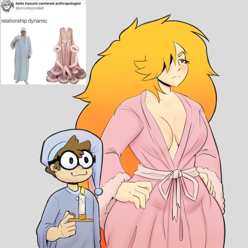 1boy 1boy1girl 1girls big_hips blonde_hair cleavage cute danscarf female freckles glasses male nerd_(nerd_and_jock) nerd_and_jock_(webcomic) pajamas pink_robe pointy_chin red_eyes red_hair sleepwear tiger_(nerd_and_jock)