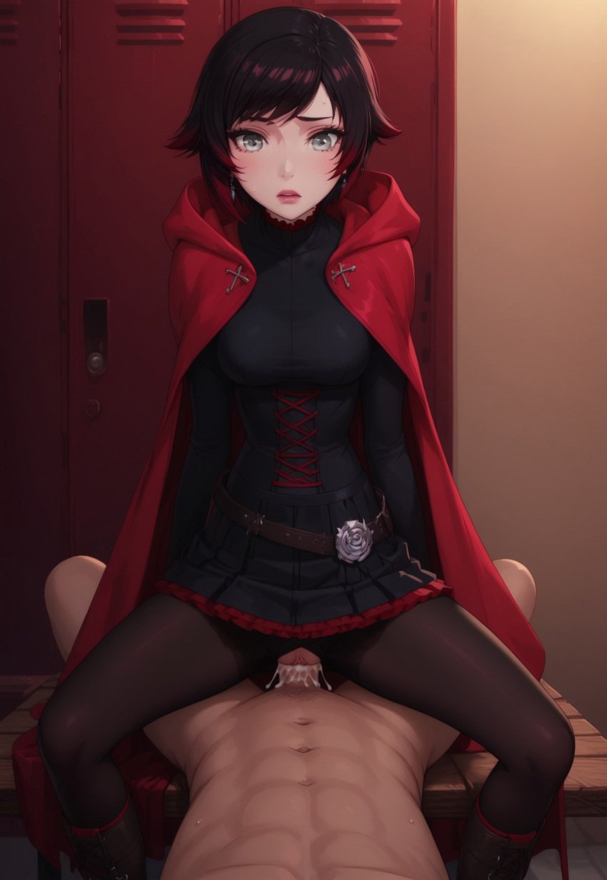 ai_generated black_pantyhose cape cloak cum cum_drip cum_in_pussy cum_inside dress female locker locker_room on_top pantyhose penetration penis penis_in_pussy pussy red_cape riding_penis ruby_rose rwby sex silver_eyes sitting sitting_on_penis skirt vaginal_penetration