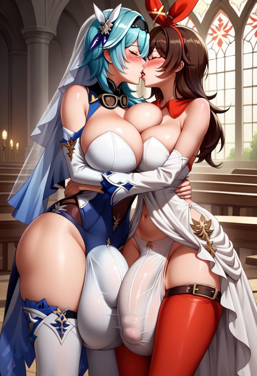 2futa 2futas ai_generated amber_(genshin_impact) balls_bigger_than_penis balls_under_clothes bare_shoulders big_balls big_breasts big_penis big_testicles black_hairband blue_hair blush bouquet bowtie breast_press bridal_veil bride brown_hair bulge church civitai closed_eyes clothed clothing_cutout collarbone dress earrings eula_(genshin_impact) flaccid flaccid_penis flower french_kiss full-package_futanari fully_clothed futa_only futa_with_futa futanari genshin_impact hairband holding holding_bouquet huge_balls huge_breasts huge_bulge huge_testicles indoors jewelry kissing long_hair medium_hair mizuiro01 panties penis_under_clothes red_ribbon ribbon rose sidelock standing strapless strapless_dress testicles thighhighs tongue tongue_out uncensored wedding_dress white_dress white_flower white_panties white_rose wife_and_wife window women