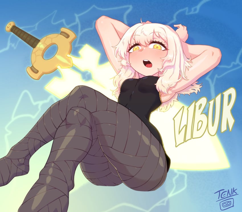 alluring arms_behind_head black_legwear blonde_hair blushing_at_viewer crossed_legs excalibur_(player) female gold_eyes leg_wrap legwear libur_(player) light-skinned_female light_skin long_hair medium_breasts player_(oh_hyeon-jun) resting_on_sword sword tight_clothes tight_clothing tight_fit tight_pants webtoon wide_hips yellow_eyes