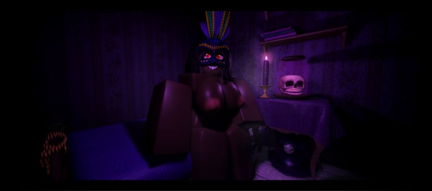 1girls 1woman 3d artist_request bedroom black_body black_hair brown_skin candle candles cult cultist dark_skin dark_skinned_female ebony grin grinning in_jar jar mardi_gras mask masked mirumimi patting patting_bed red_eyes roblox roblox_myth robloxian self_upload sitting_on_bed skull smile smiling smiling_at_viewer solo solo_female source_request voodoo