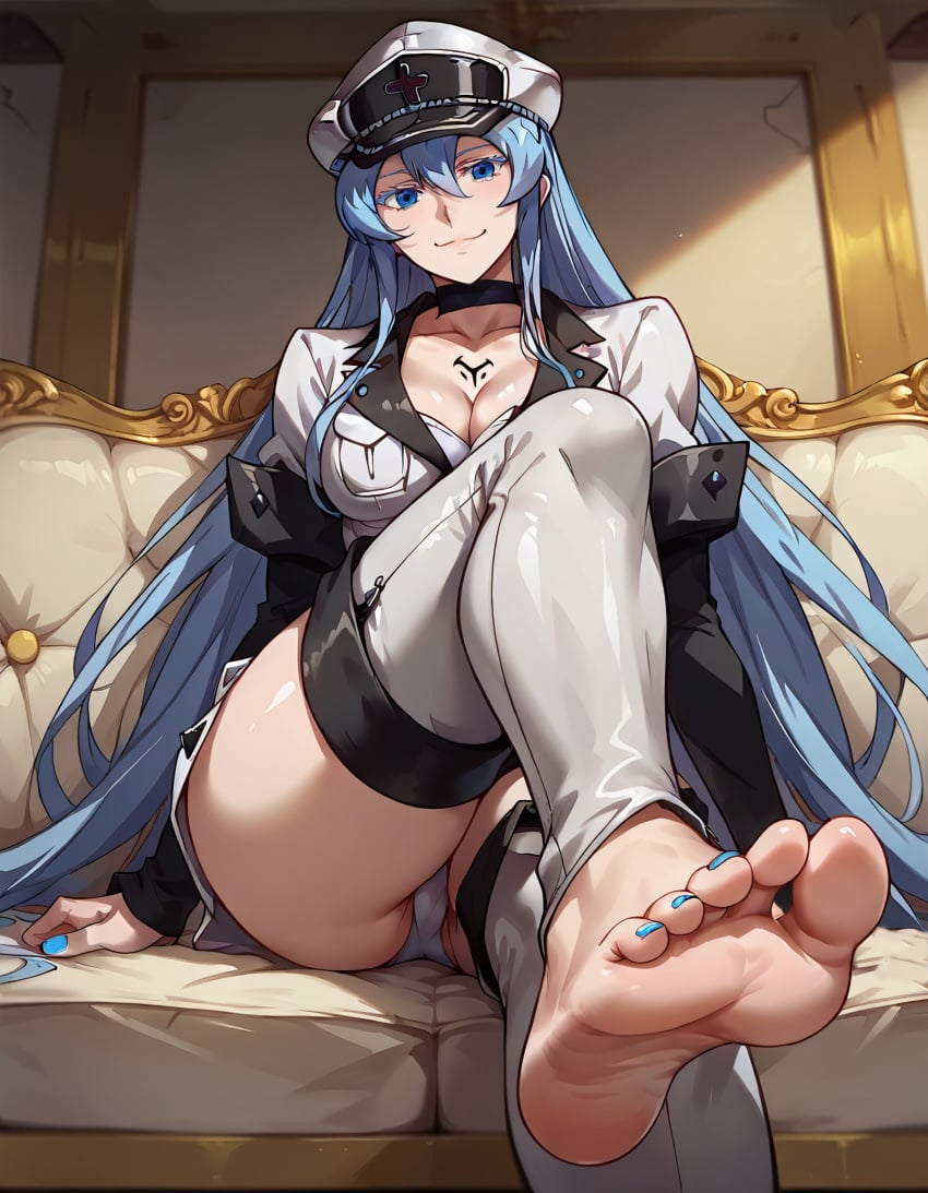 ai_generated akame_ga_kill! barefoot blue_eyes blue_hair blue_nails breasts cleavage cleavage_cutout esdeath_(akame_ga_kill!) feet feet_focus feet_up fetish foot_fetish huge_breasts kiraaiart long_hair nail_polish nails panties sitting smug smug_face sole_female soles toenail_polish toes underwear uniform