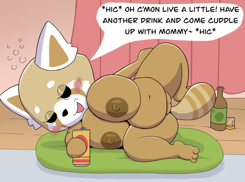 aggressive_retsuko aggretsuko ailurid alcohol anthro belly beverage beverage_can big_breasts blush breasts draggieposs drinking english_text female flirting genitals hi_res mammal mature_female nipples nude overweight overweight_female pussy red_panda retsuko's_mother sanrio short_stack solo speech_bubble text thick_thighs