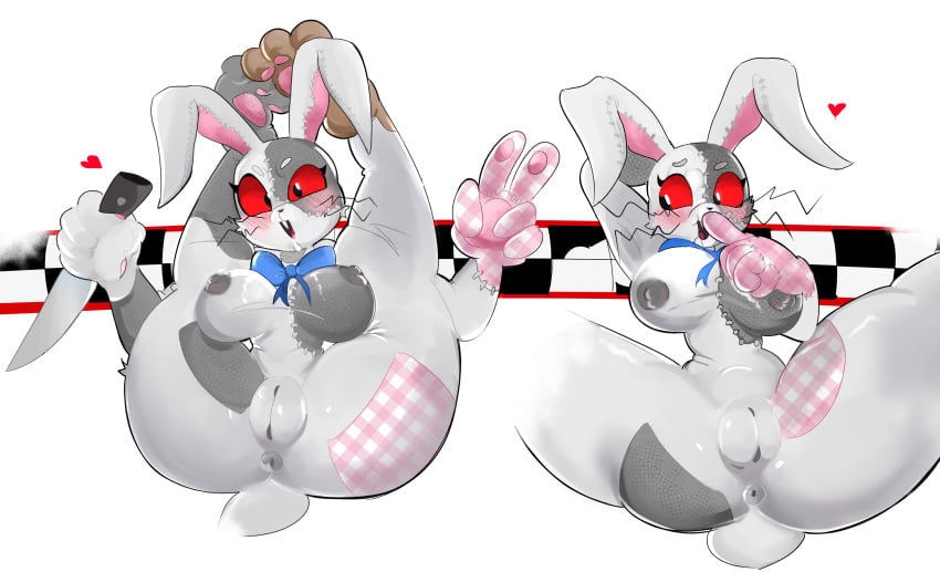 armpits blush blush_lines bunioki bunny bunny_costume bunny_ear bunny_ears bunny_girl bunnygirl bunnysuit fingers five_nights_at_freddy's five_nights_at_freddy's:_security_breach foot_fetish foot_play footjob gray_balls gray_fur heart knife nipples nipples_covered nipples_visible_through_clothing peace_sign pussy pussy_juice red_eyes ribbon ribbons suit vanny_(fnaf) whiskers white_background