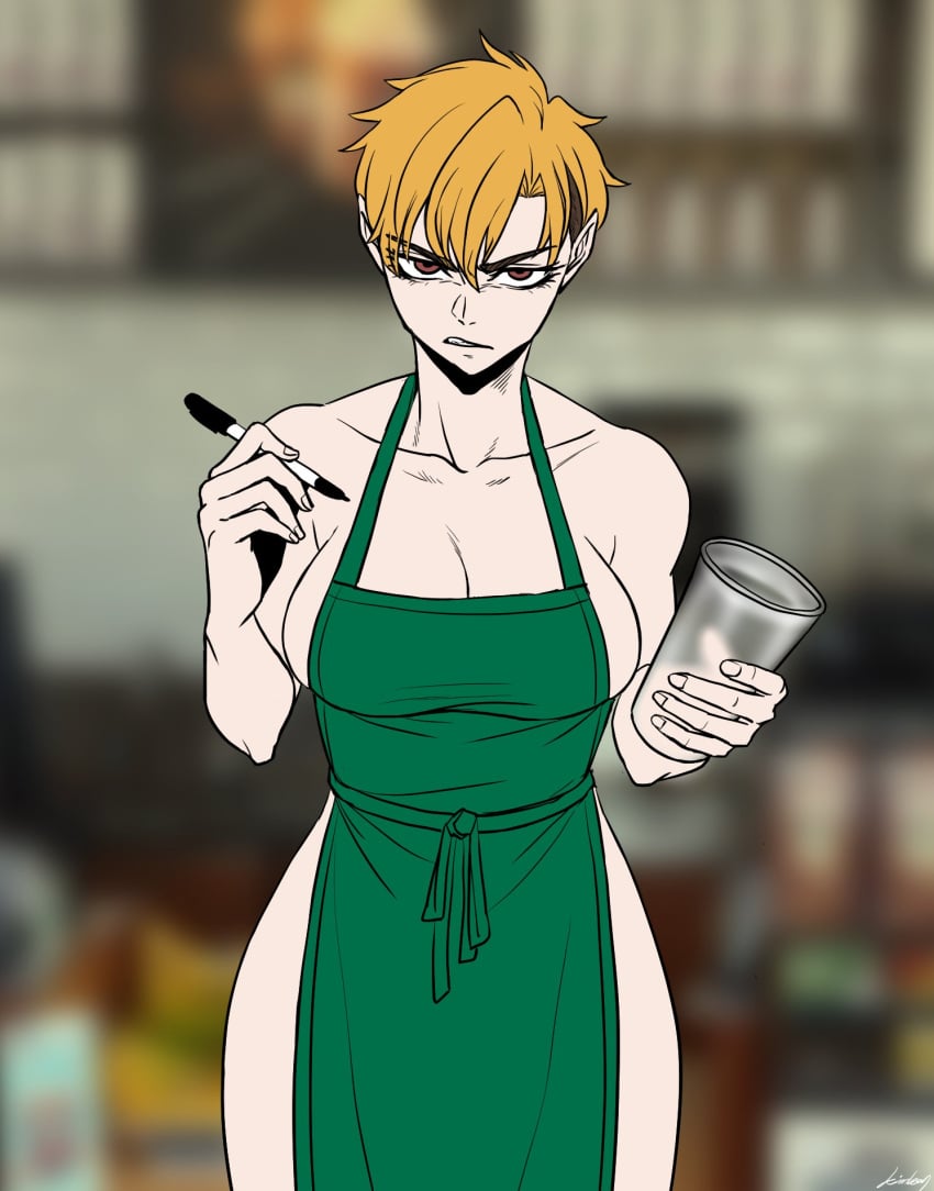 annoyed apron athletic_female barista big_breasts blonde_hair female iced_latte_with_breast_milk leon_kim naked_apron pen pointy_chin short_hair teeth_clenched tomboy