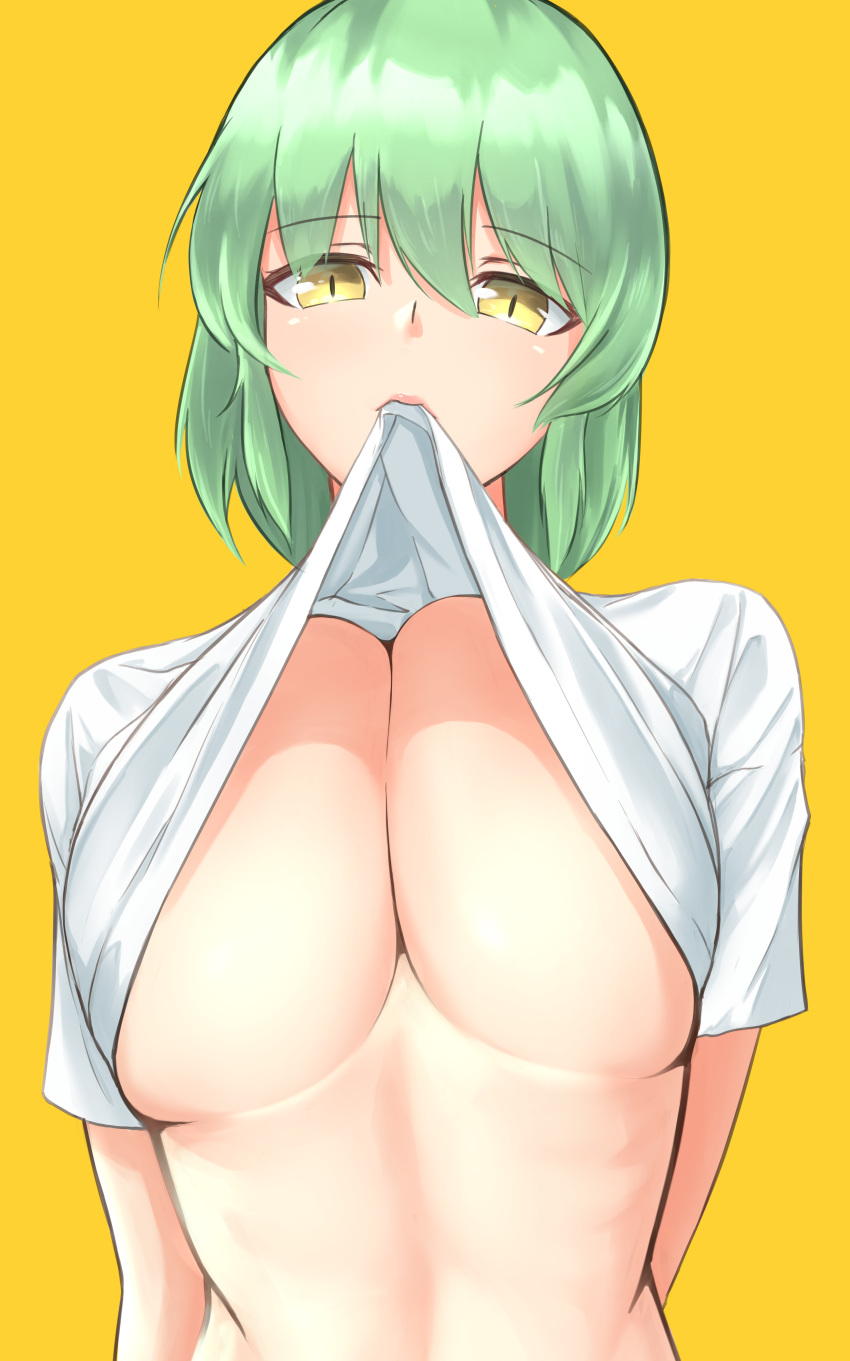 arms_behind_back big_breasts breasts cleavage green_hair hikage_(senran_kagura) large_breasts looking_at_viewer midriff senran_kagura senran_kagura_(series) shirt_in_mouth shirt_lift simple_background white_shirt yellow_eyes zib_(boriku)