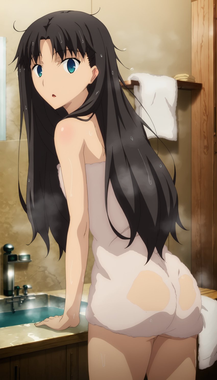 1girls ai_generated ass ass_visible_through_clothes bathroom fate/stay_night fate_(series) female female_only hair_down human looking_back solo standing steam tohsaka_rin towel towel_only transparent_clothing transparent_towel washer