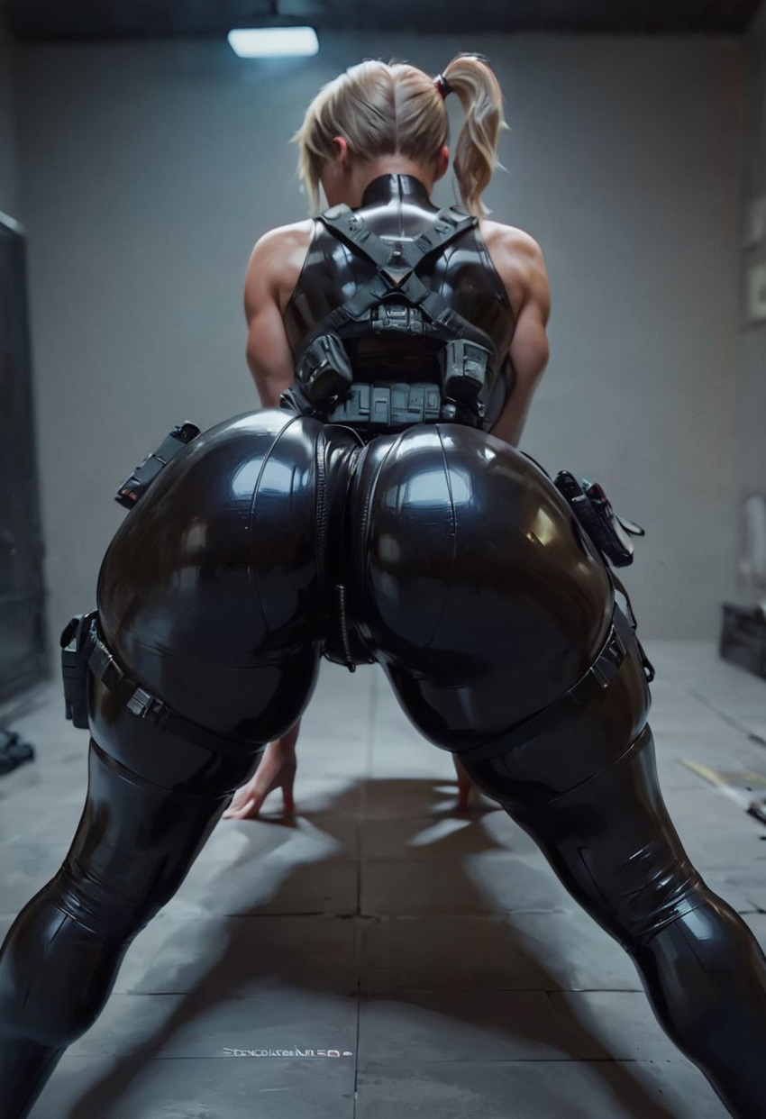 ai_generated ass_focus back_view bending_over blonde_hair bodysuit crotch_zipper female female_only huge_ass indoors latex latex_bodysuit logan_d mirra_snow presenting pushing_down shiny_clothes side_ponytail solo solo_female tactical_gear thick_thighs thigh_holster