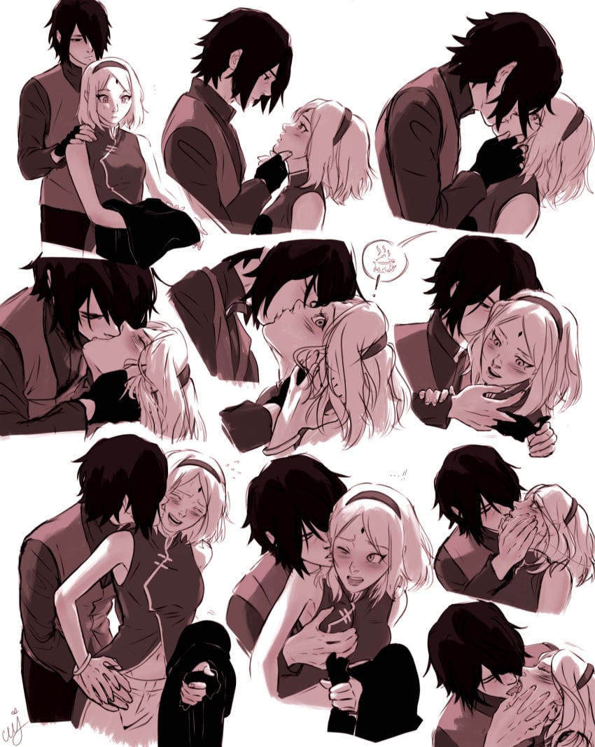 1boy 1girls black_hair blush boruto:_naruto_next_generations canon_couple ceejss couple female holding_chin human kissing kissing_cheek kissing_neck male male/female monochrome naruto pink_hair sakura_haruno sasuke_uchiha tongue_kiss touching_breast