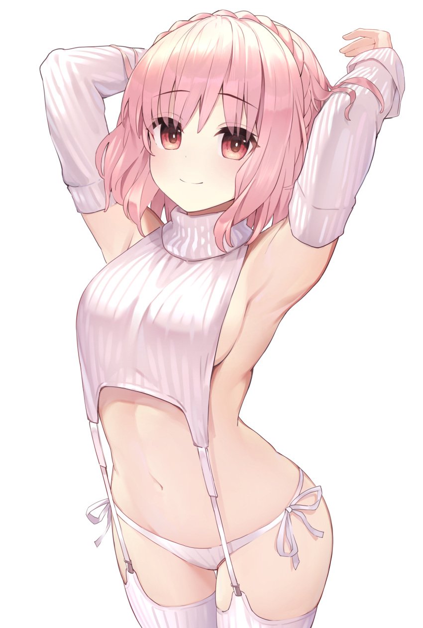 breasts date_a_live light-skinned_female pink_eyes pink_hair short_hair socks solo solo_female sonogami_rinne sweater thighs virgin_killer_sweater