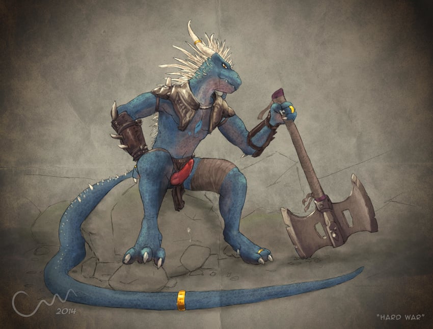 1boy 2014 4_fingers 4_toes a-marzzel absurd_res anthro armor athletic axe bandage belt blue_body blue_scales claws clothing confident dragon dripping erection front_view guardian hi_res holding_weapon horn horn_ring leather loincloth loincloth_aside long_tail looking_at_viewer male male_only markings metal muscles orange_eyes outside penis precum presenting presenting_penis red_penis ring rock scales scalie simple_background sitting slim smile solo spikes tail_ring teeth toe_claws toe_ring toes uncensored unconvincing_armor warrior weapon