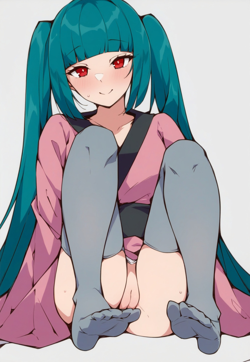 1girls ai_generated amaterasu_(shimai_no_hanashi) bangs blunt_bangs blush closed_mouth feet female grey_background grey_thighhighs hatsune_miku japanese_clothes kimono knees_up long_hair long_sleeves looking_at_viewer masa_works_design milua no_panties no_shoes novelai obi pink_kimono pony_diffusion_xl pussy red_eyes sash self_upload shimai_no_hanashi simple_background sitting smile soles solo solo_female teal_hair thighhighs toes twintails uncensored very_long_hair vocaloid wide_sleeves