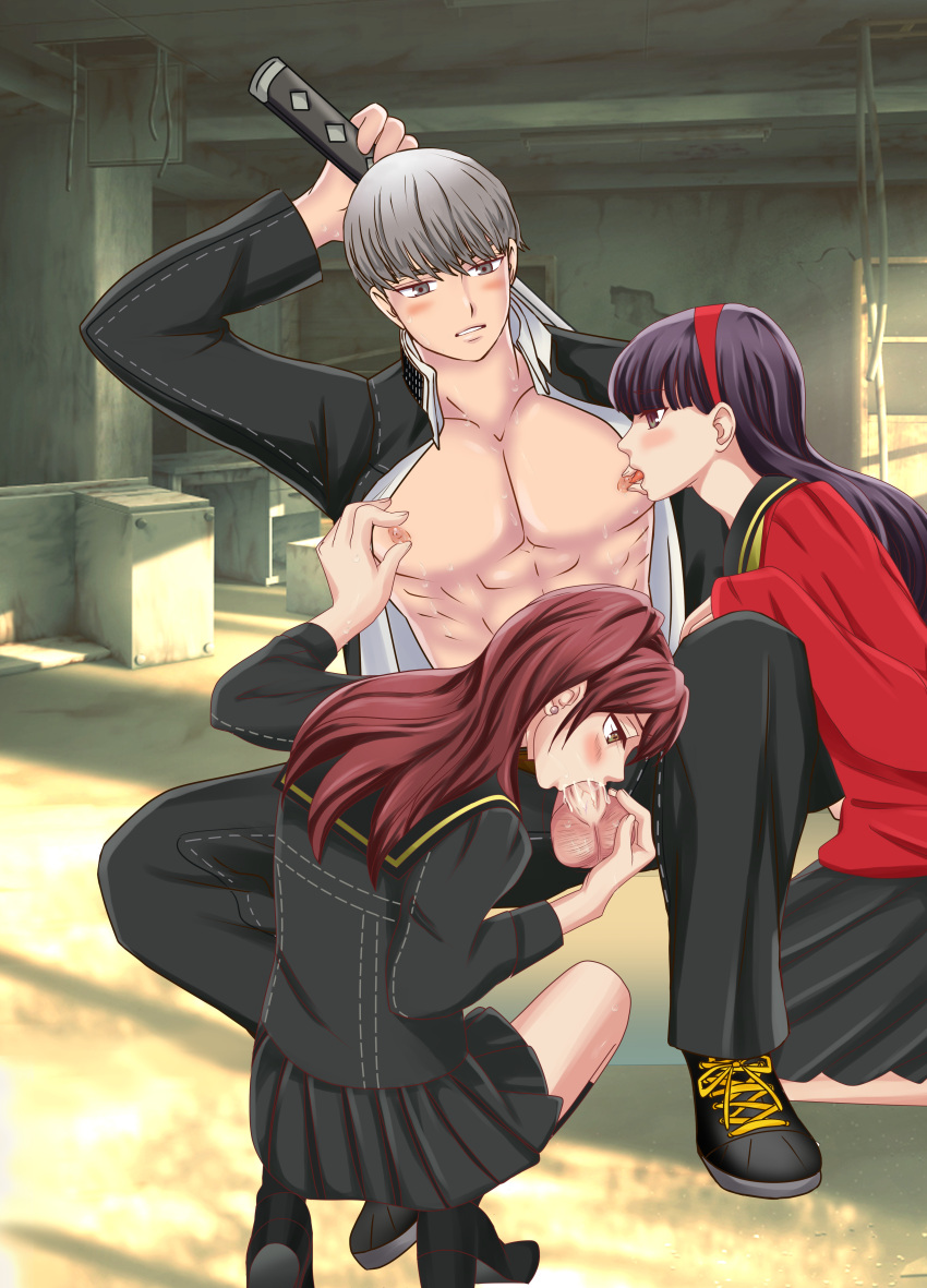 anime_style atlus big_cock blowjob cfnm clothed_female_nude_male cum cum_in_mouth deepthroat dick fellatio gakuran japanese_school_uniform male_focus male_nipple_licking male_nipple_sucking muscular_male narukami_yu persona persona_4 submissive_female threesome