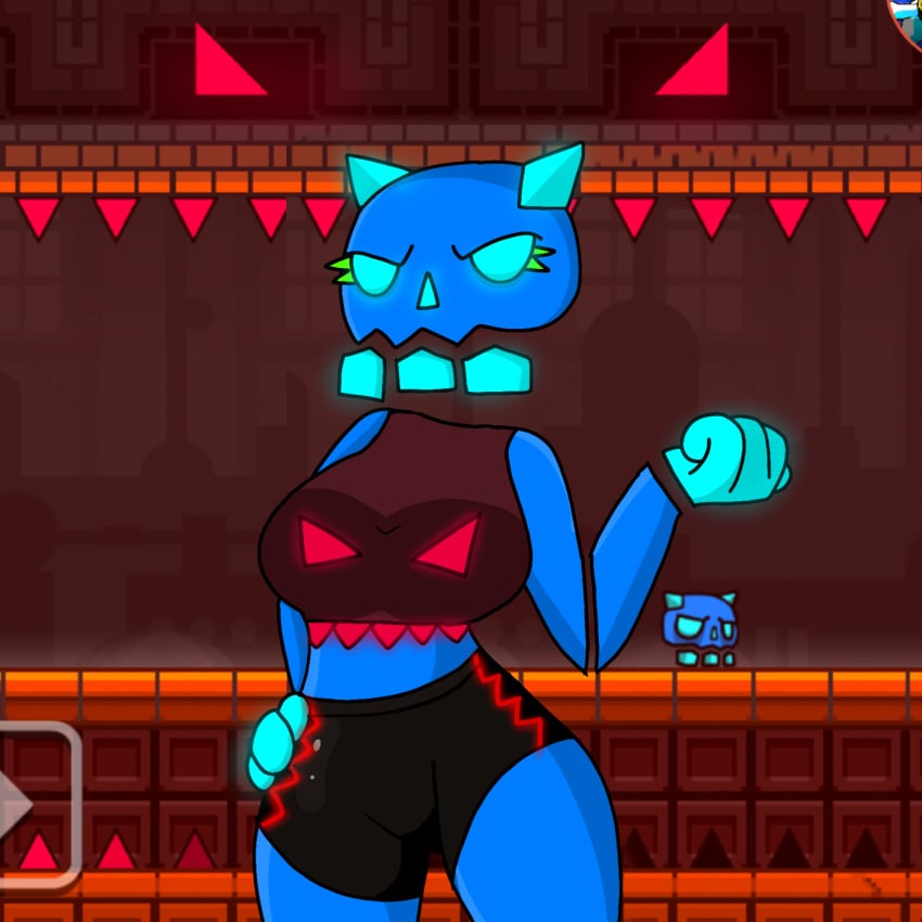 1:1 1girls 4_fingers background black_shorts blue_eyes boobs breasts clothed clothed_female clothes clothing cube_240_(geometry_dash) eyelashes eyes female fingers geometry_dash hands_on_hips hi_res high_resolution highres hips horn horns majin_tubby_ shorts solo tagme tits